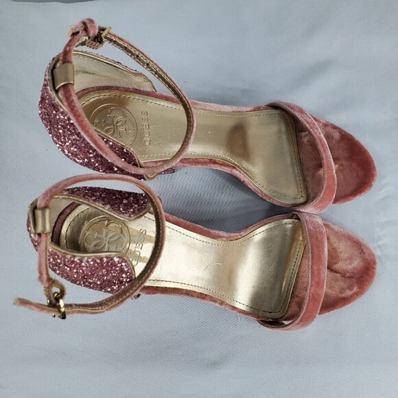 Guess Women's Pink Ankle Strap Sandals BamBam Glitter Open Toe Size 8M - Picture 7 of 11